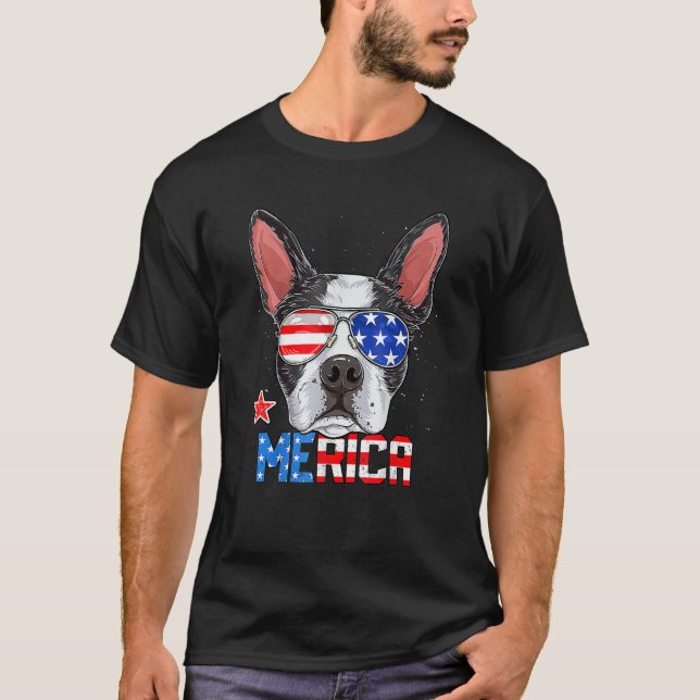 Boston Terrier Merica 4th Of July Men Boys Dog Pup T Shirt (Framsida)