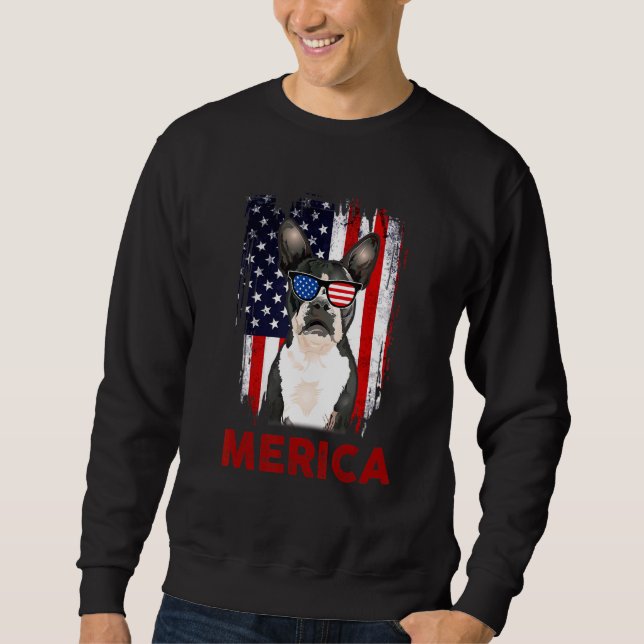 Boston Terrier Merica Patriotic American Flagga 4: Lång Ärmad Tröja (Framsida)