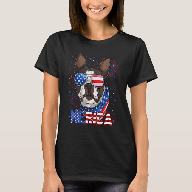 Boston Terrier Merica Sunglasses 4:e juli Ameri T Shirt (Framsida)