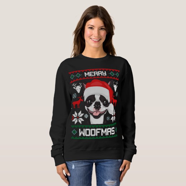 Boston Terrier Merry Woofmas jul T Shirt (Hel framsida)