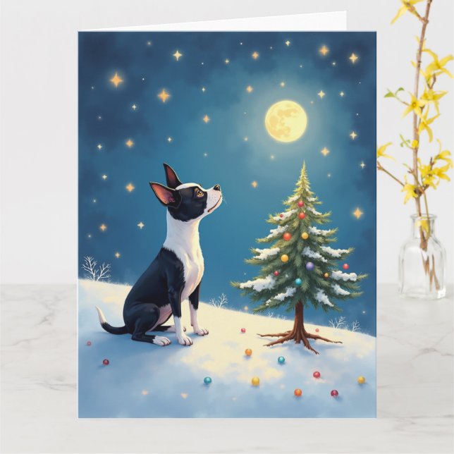 Boston Terrier Midnattsstjärnskådning Jul Kort (Gul blomma)