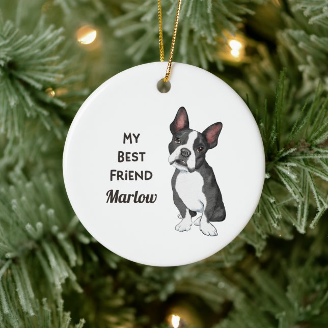 Boston Terrier Mitt bästa vändelsnamn Julgransprydnad Keramik (Träd)