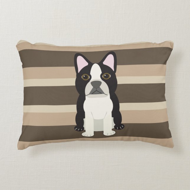 Boston Terrier Neutral randig  Prydnadskudde (Framsidan)