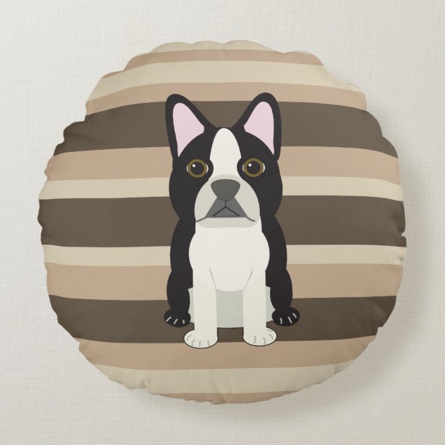 Boston Terrier Neutral randig  Rund Kudde (Framsidan)