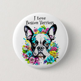 Boston Terrier och blommor Knapp