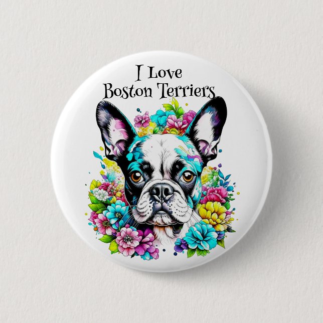 Boston Terrier och blommor Knapp (Framsida)