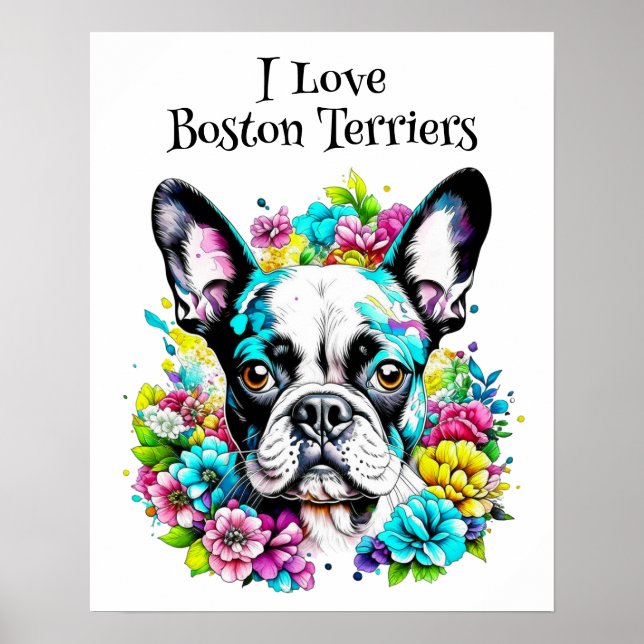 Boston Terrier och blommor Poster (Framsidan)