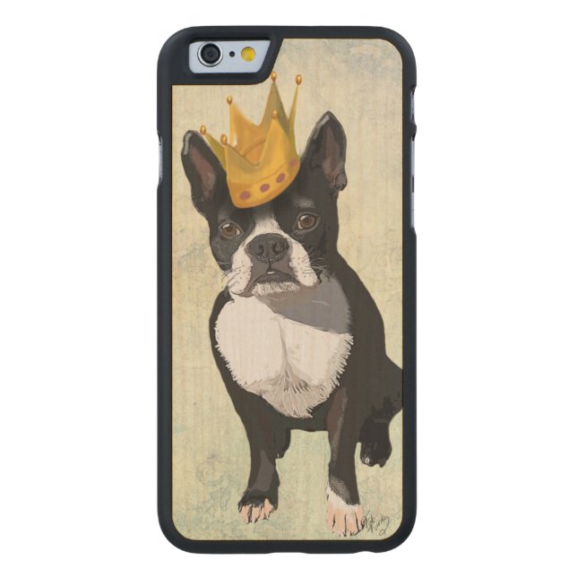 Boston Terrier och Krona Carved Wood iPhone Skal (Baksidan)