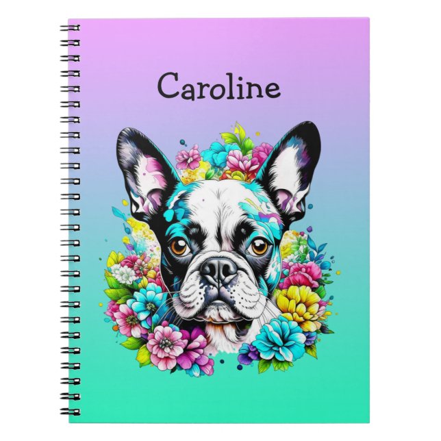 Boston Terrier omgiven av Flowers Personlig Anteckningsbok (Framsidan)