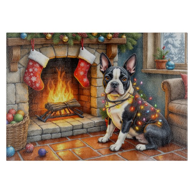 Boston Terrier Öppen Spis med Julbelysning (Framsidan)