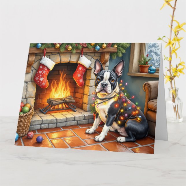 Boston Terrier Öppen Spis med Julbelysning Kort (Gul blomma)