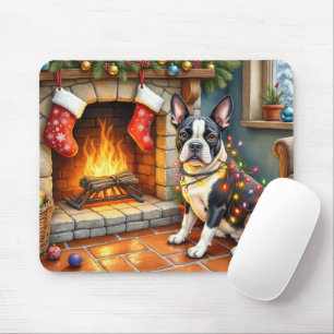 Boston Terrier Öppen Spis med Julbelysning Musmatta