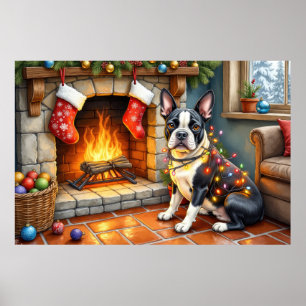 Boston Terrier Öppen Spis med Julbelysning Poster
