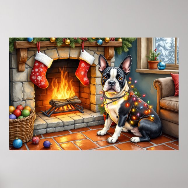 Boston Terrier Öppen Spis med Julbelysning Poster (Framsidan)