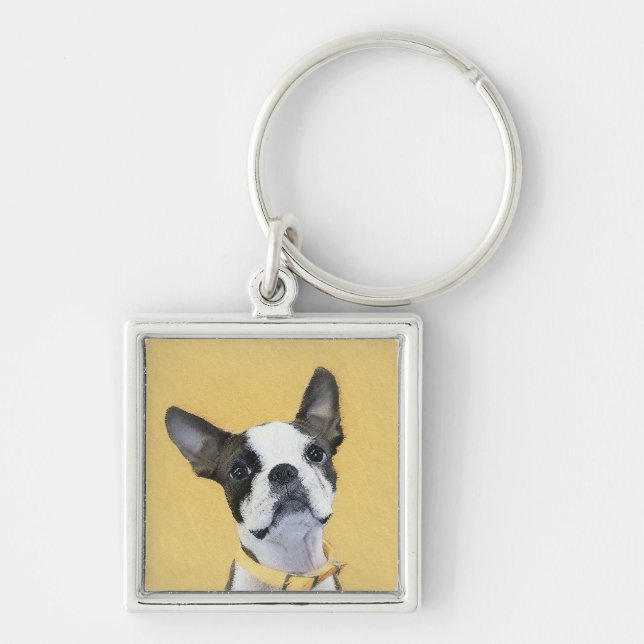 Boston Terrier Painting - Cute Original Hund Art Fyrkantig Silverfärgad Nyckelring (Framsidan)
