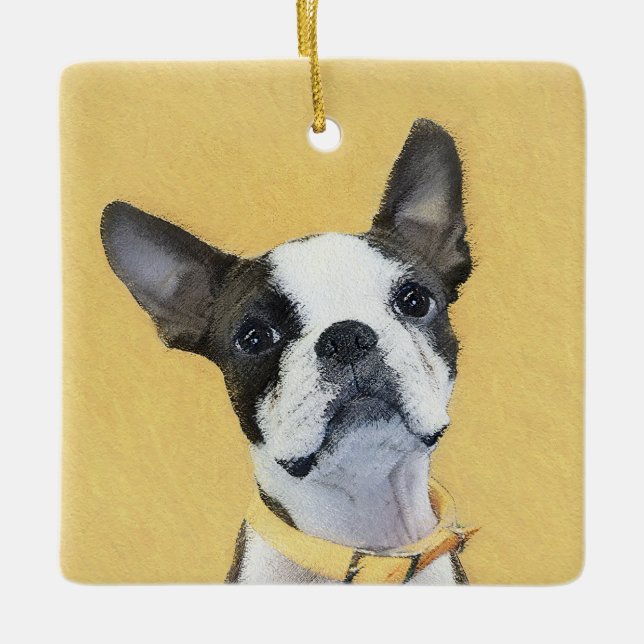 Boston Terrier Painting - Cute Original Hund Art Julgransprydnad Keramik (Framsida)