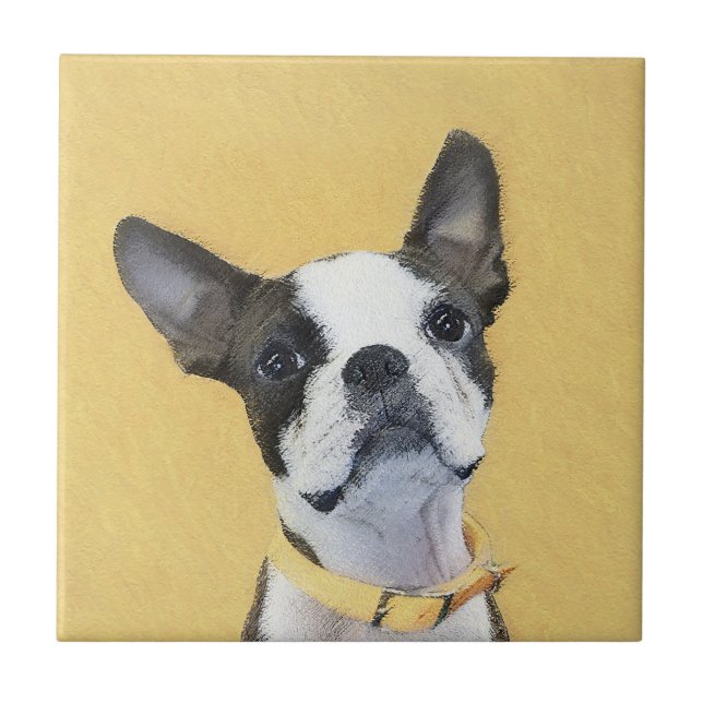 Boston Terrier Painting - Cute Original Hund Art Kakelplatta (Framsidan)
