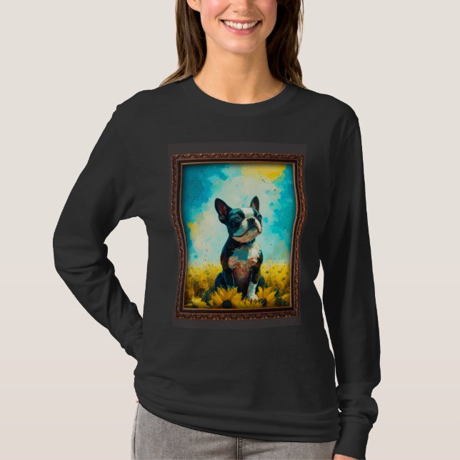 Boston Terrier Painting Sunflower Flower Mom Women T Shirt (Framsida)