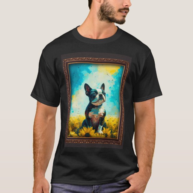 Boston Terrier Painting Sunflower Flower Mom Women T Shirt (Framsida)
