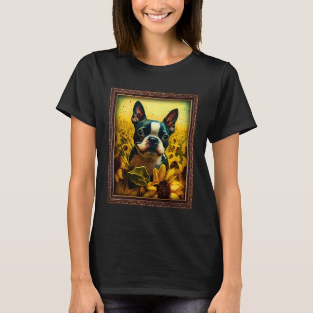 Boston Terrier Painting Sunflower Flower Mom Women T Shirt (Framsida)