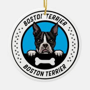 Boston Terrier Peeking Illustration Badge Julgransprydnad Keramik