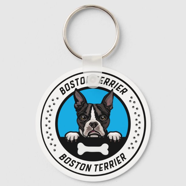 Boston Terrier Peeking Illustration Badge Nyckelring (Framsida)