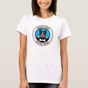 Boston Terrier Peeking Illustration Badge T Shirt