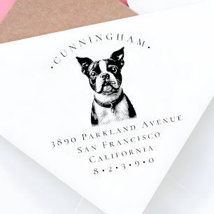 Boston Terrier Pet Hund Efternamn och Returadress Stämpel