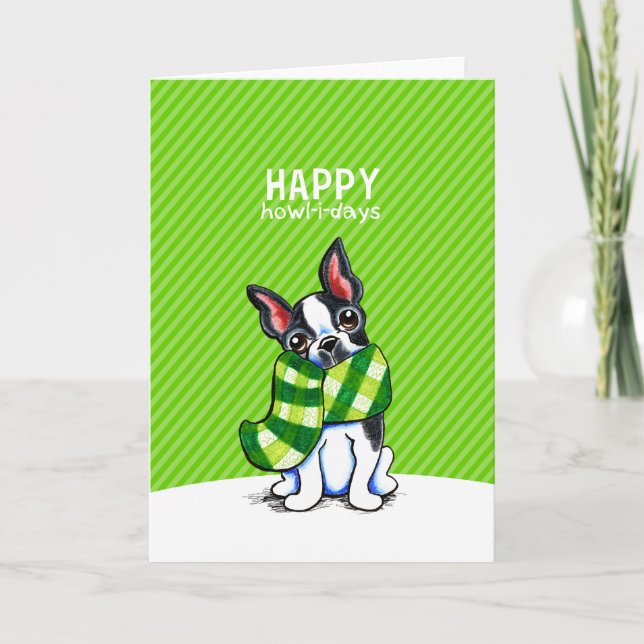 Boston Terrier Play Scarf jul Helgkort (Framsida)
