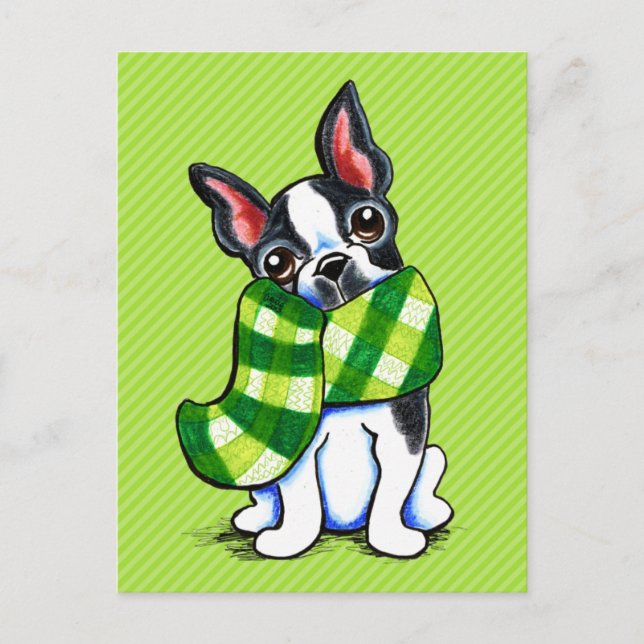 Boston Terrier Play Scarf Winter Vykort (Framsida)