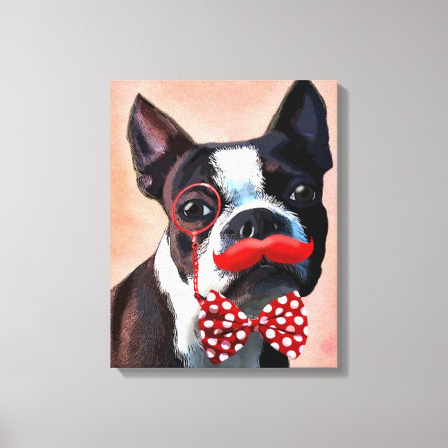 Boston Terrier Porträtt med Red Bow Tie Canvastryck (Framsida)
