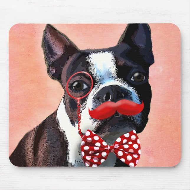Boston Terrier Porträtt med Red Bow Tie och 2 Musmatta (Framsidan)