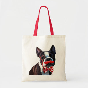Boston Terrier Porträtt med Red Bow Tie och 2 Tygkasse