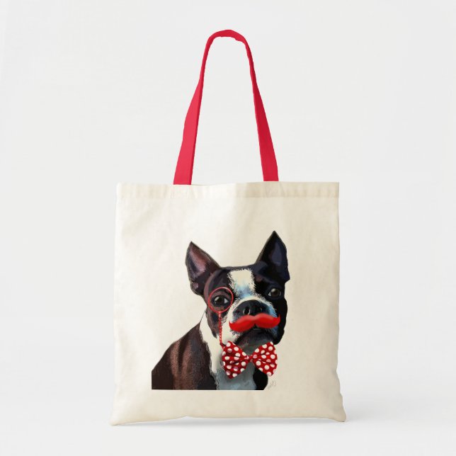Boston Terrier Porträtt med Red Bow Tie och 2 Tygkasse (Framsidan)