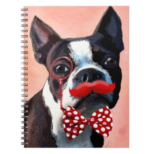 Boston Terrier Porträtt med Red Bow Tie och 3 Anteckningsbok