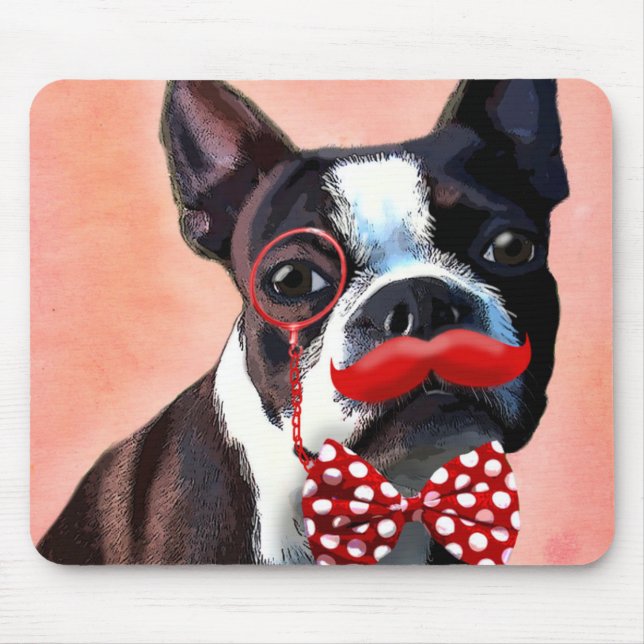 Boston Terrier Porträtt med Red Bow Tie och 3 Musmatta (Framsidan)