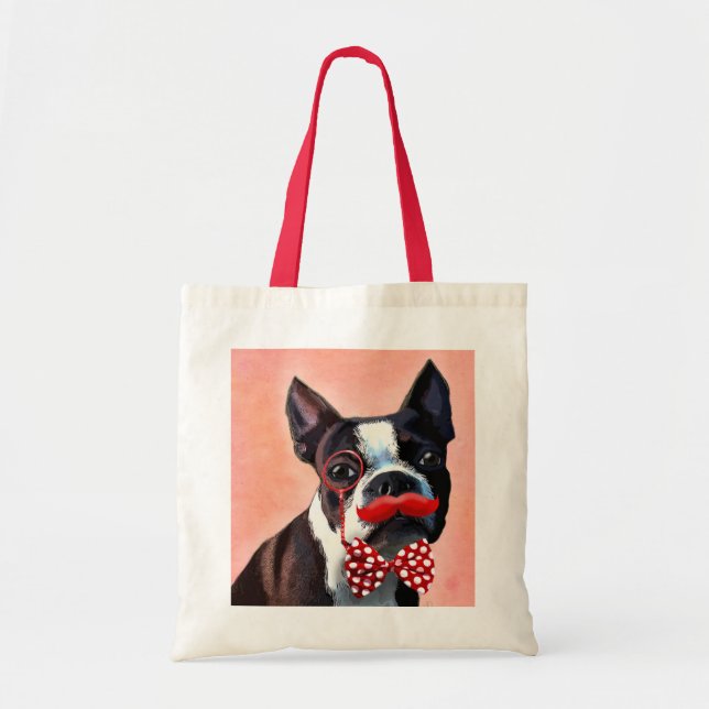 Boston Terrier Porträtt med Red Bow Tie och 3 Tygkasse (Framsidan)