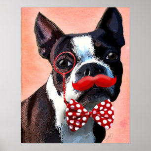 Boston Terrier Porträtt med Red Bow Tie Poster