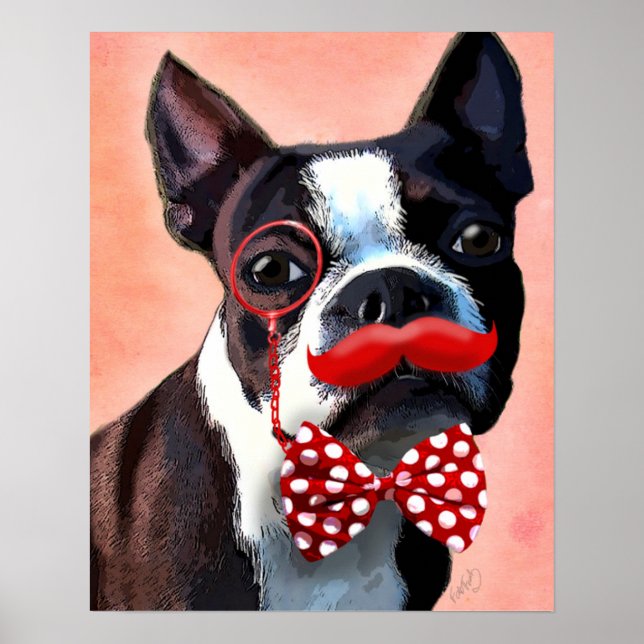 Boston Terrier Porträtt med Red Bow Tie Poster (Framsidan)