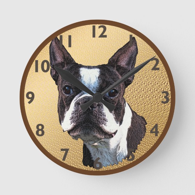 Boston Terrier Porträtt Rund Klocka (Framsida)