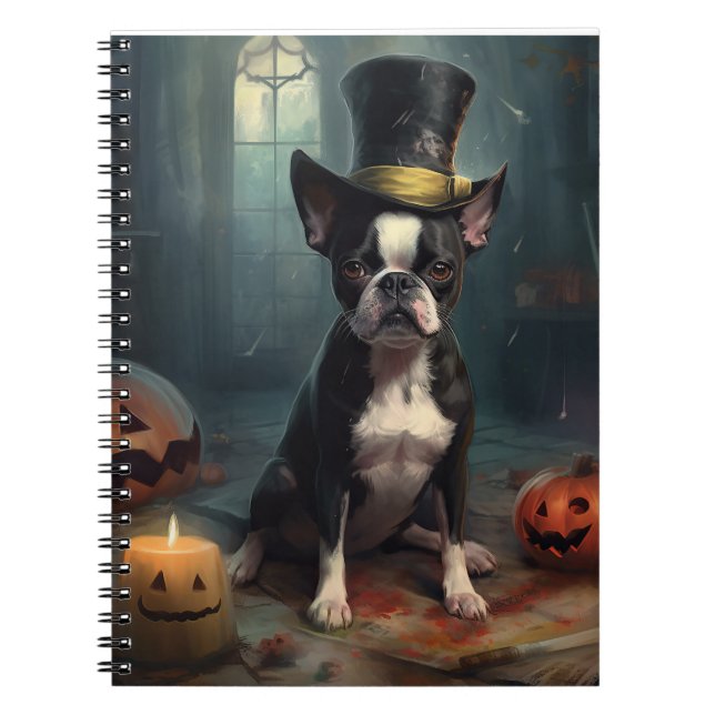 Boston Terrier Pumpa Halloween Skräckinjagande Anteckningsbok (Framsidan)