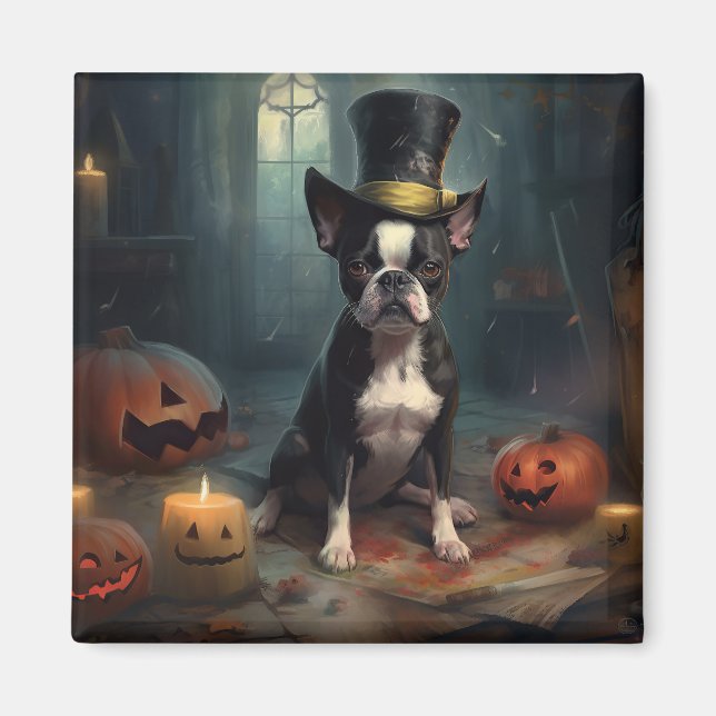 Boston Terrier Pumpa Halloween Skräcklig Magnet (Framsidan)
