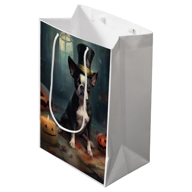 Boston Terrier Pumpakvar Halloween Skräckinjagande (Framsidan Vinklad)