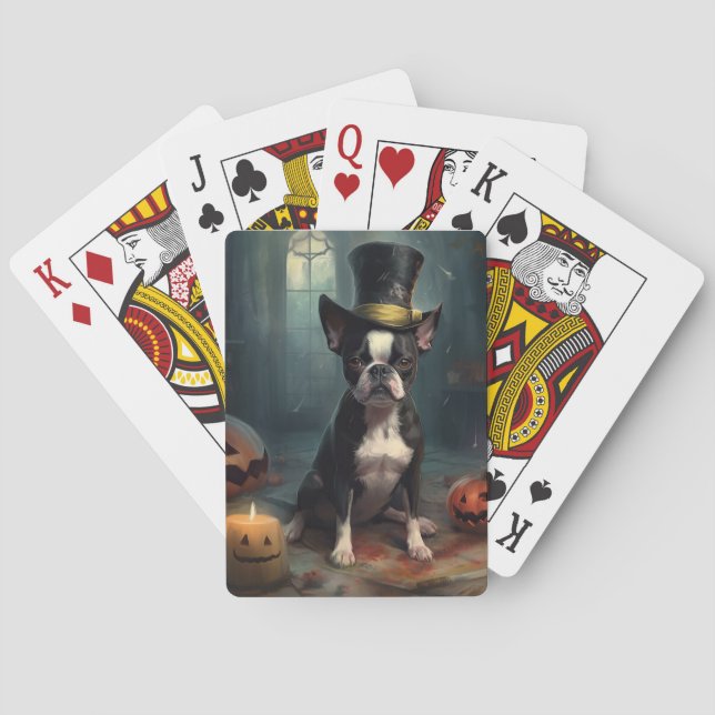 Boston Terrier Pumpakvar Halloween Skräckinjagande Casinokort (Baksidan)