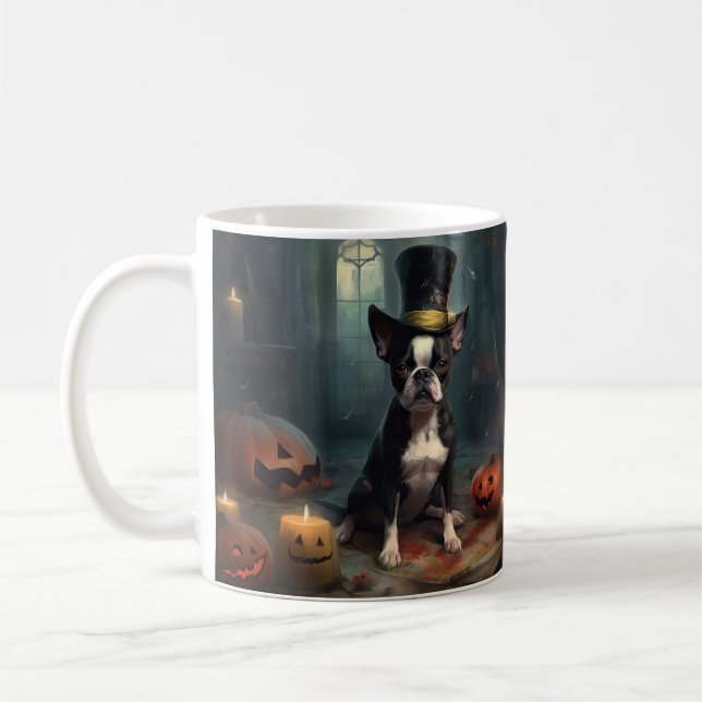 Boston Terrier Pumpakvar Halloween Skräckinjagande Kaffemugg (Vänster)