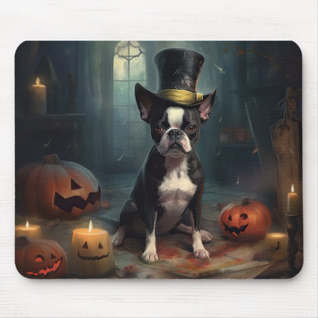 Boston Terrier Pumpakvar Halloween Skräckinjagande Musmatta (Framsidan)