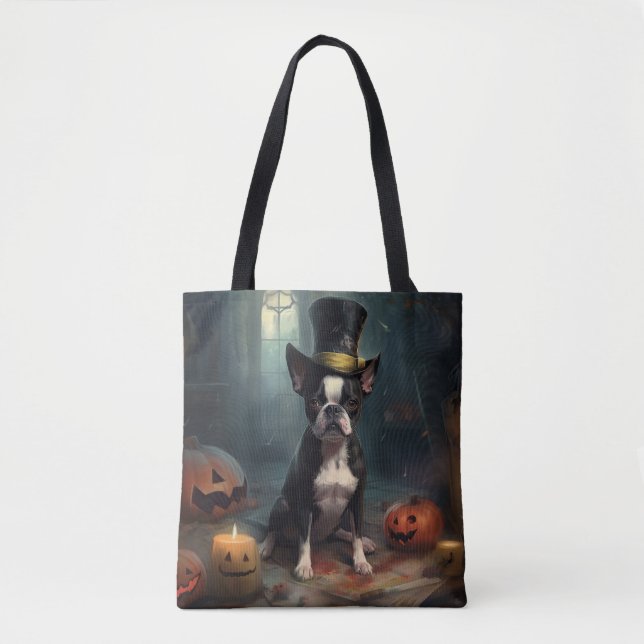 Boston Terrier Pumpakvar Halloween Skräckinjagande Tygkasse (Framsida)