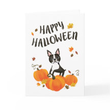 Boston Terrier Pumpkin Höst löv Halloween Card