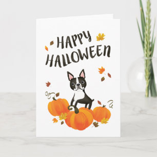 Boston Terrier Pumpkin Höst löv Halloween Card Kort