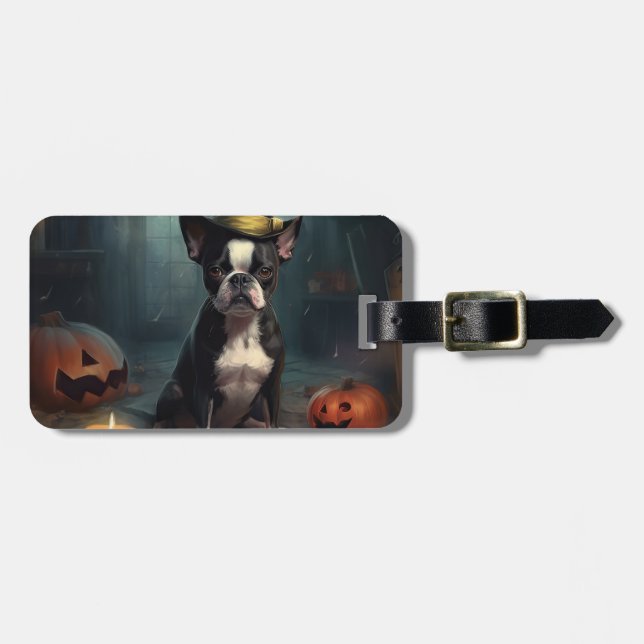 Boston Terrier Pumpkins Halloween Scary Bagagebricka (Horisontell Framsida)